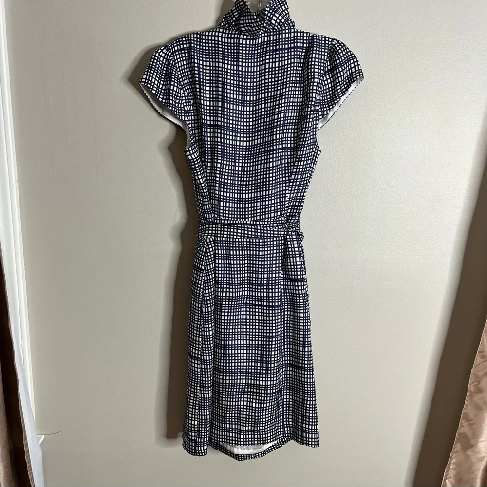 Elizabeth McKay Size 8 Scotland Dress Silk Wrap Navy White Ruffle Collar R16 - Picture 6 of 7